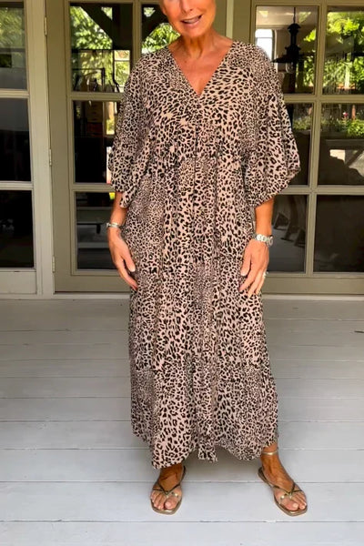 Vestido casual con atractivo cuello en V y encantador estampado vintage de leopardo
