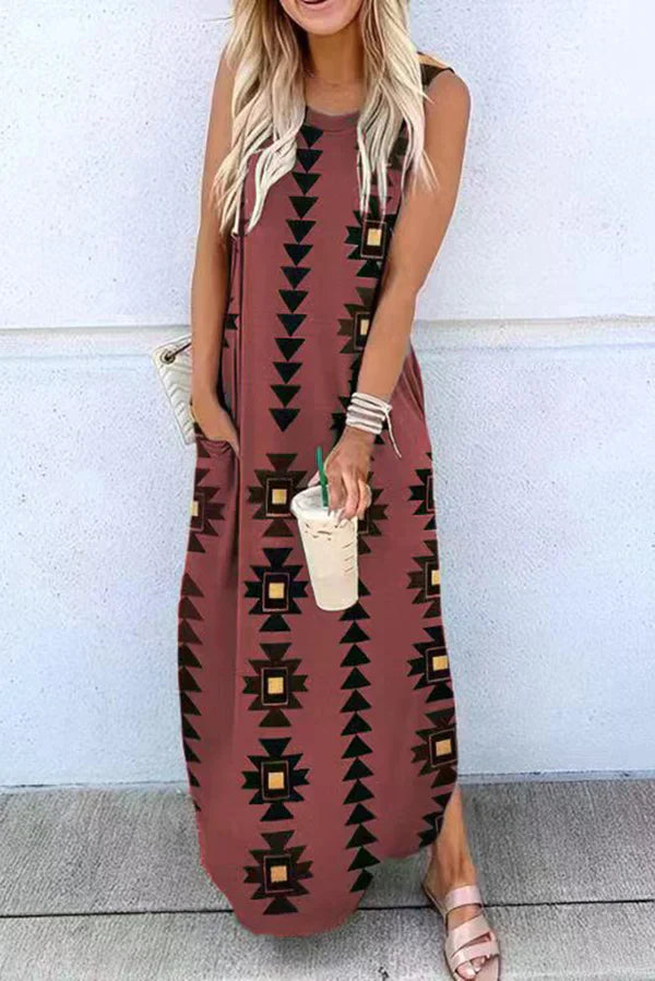 Maxivestido de punto con bolsillos Celina - Estilo Geométrico Bohemio