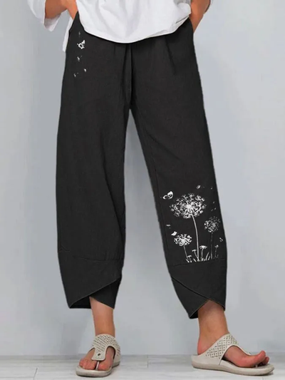 Esmeralda - Elegantes pantalones holgados de lino y algodón con encantador estampado de diente de león para mujer