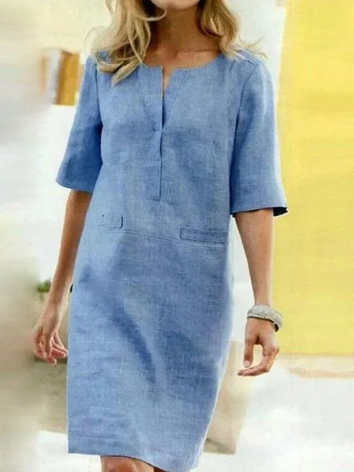 Vestido Linda de Manga Corta en Combinación de Algodón y Lino para Mujer - Comodidad y Estilo juegan a tu Favor