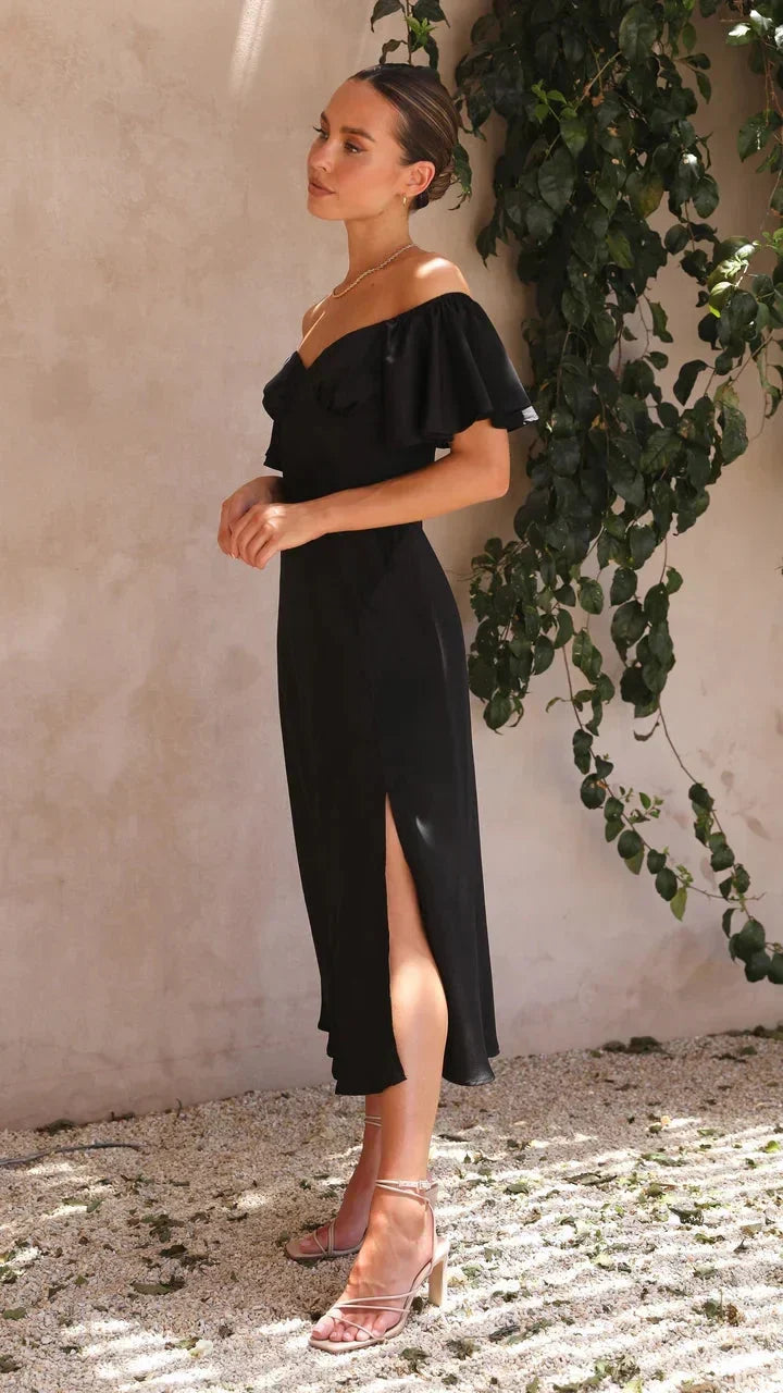 Vestido Midi Negro con Hombros al Descubierto - Estilo Victoria Elegante