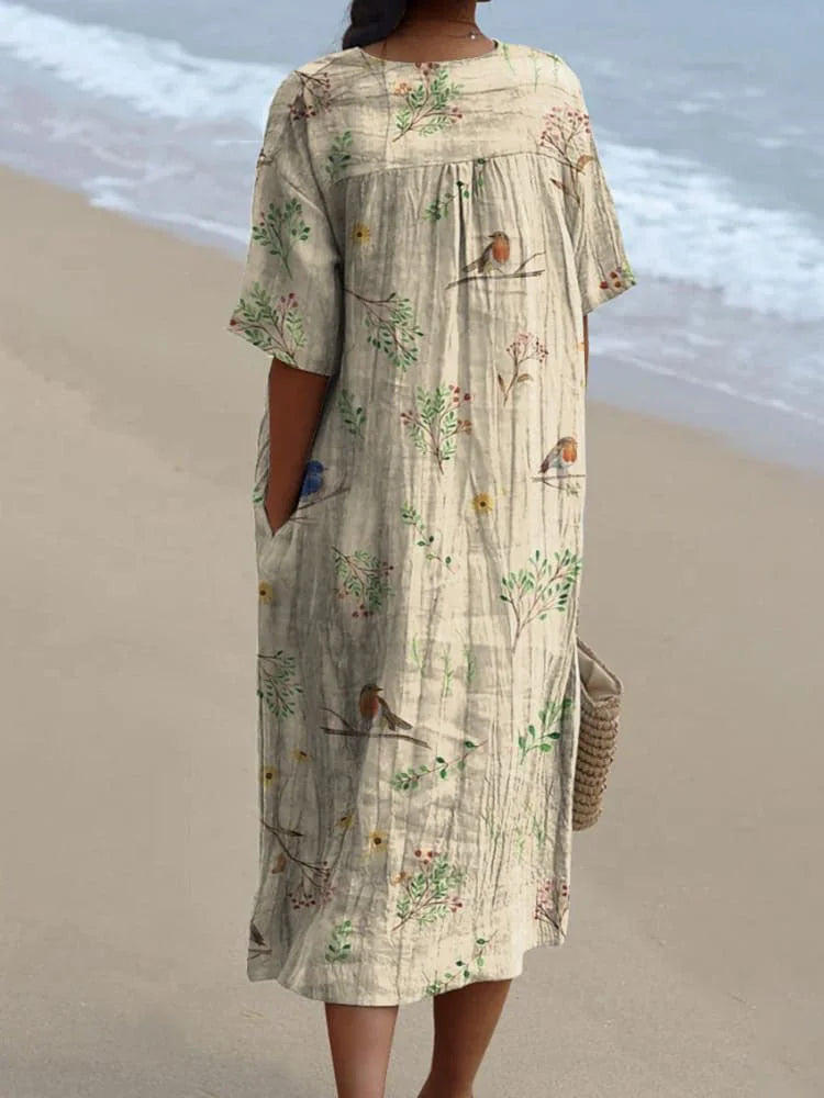 Micaela - Elegante vestido fluido para mujer con encantadores estampados de ramas y adorables pájaros Robin