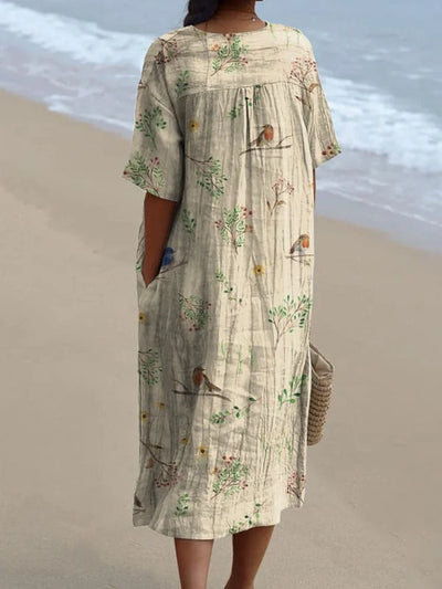 Micaela - Elegante vestido fluido para mujer con encantadores estampados de ramas y adorables pájaros Robin