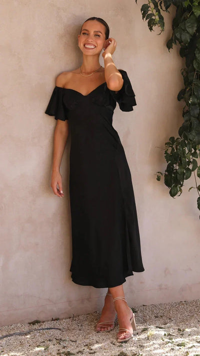 Vestido Midi Negro con Hombros al Descubierto - Estilo Victoria Elegante