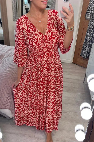 Vestido Largo Cruzado con Elegante Cuello en V y Estampado Bohemio Casual