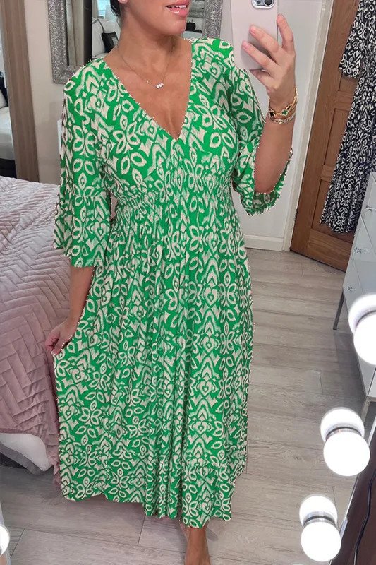 Vestido Largo Cruzado con Elegante Cuello en V y Estampado Bohemio Casual