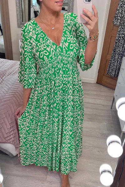 Vestido Largo Cruzado con Elegante Cuello en V y Estampado Bohemio Casual