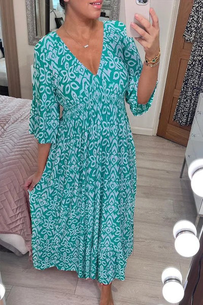 Vestido Largo Cruzado con Elegante Cuello en V y Estampado Bohemio Casual
