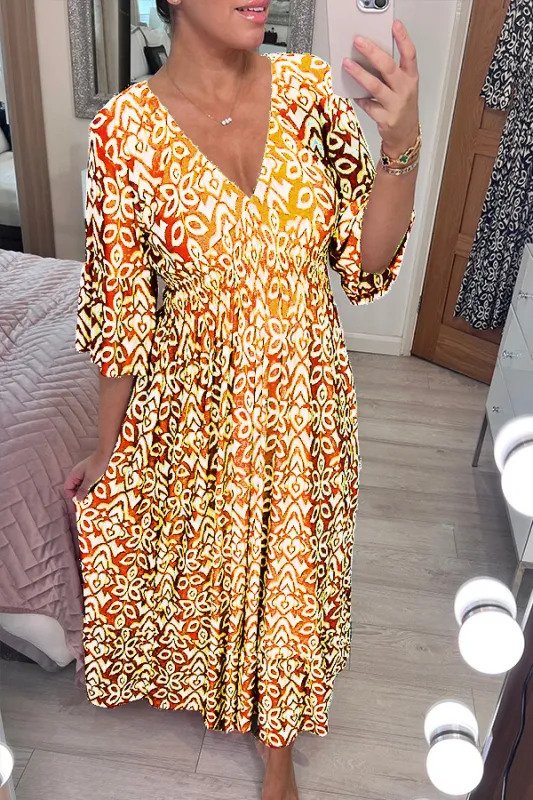 Vestido Largo Cruzado con Elegante Cuello en V y Estampado Bohemio Casual