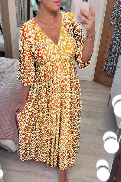 Vestido Largo Cruzado con Elegante Cuello en V y Estampado Bohemio Casual