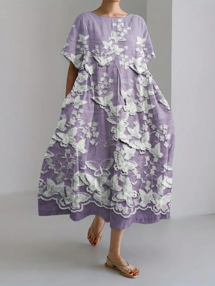 Selena - Elegante Vestido Largo de Lino con Detalles de Encaje Bordado en 3D y Encantadoras Flores de Mariposas