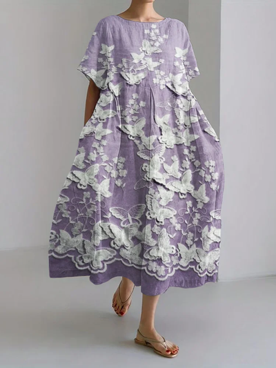 Selena - Elegante Vestido Largo de Lino con Detalles de Encaje Bordado en 3D y Encantadoras Flores de Mariposas
