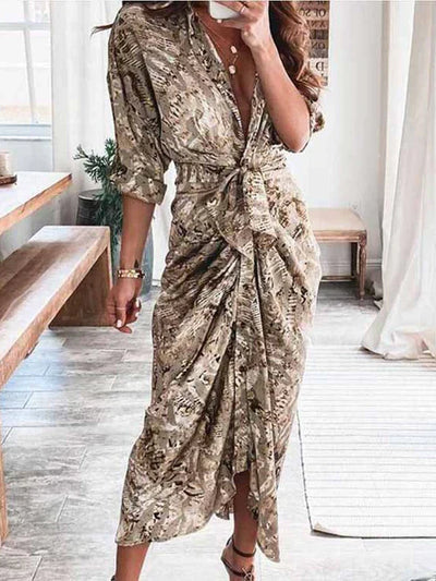 Valentina - Sofisticado Vestido Casual con Cuello en V y Cinturón que Define la Cintura