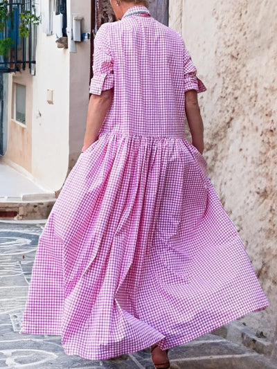 Vestido Casuale Maria: Elegante Diseño de Manga Larga en Algodón y Lino con Estampado de Cuadros