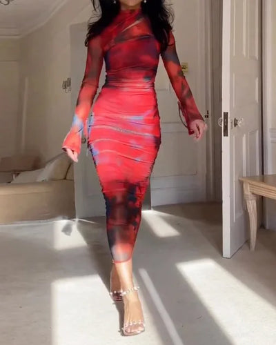 Emi - Elegante vestido de manga larga con encantador estampado Tie Dye
