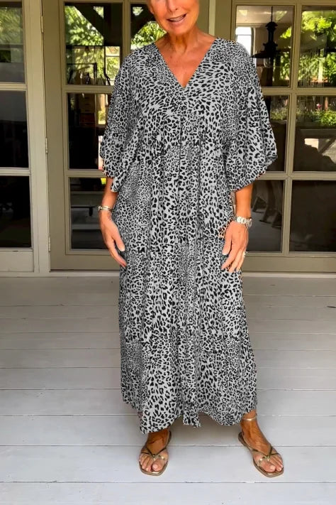 Vestido casual con atractivo cuello en V y encantador estampado vintage de leopardo