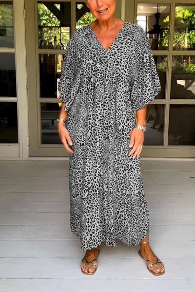 Vestido casual con atractivo cuello en V y encantador estampado vintage de leopardo