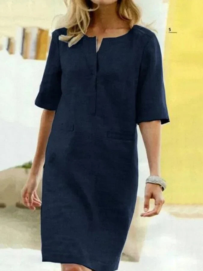 Vestido Linda de Manga Corta en Combinación de Algodón y Lino para Mujer - Comodidad y Estilo juegan a tu Favor