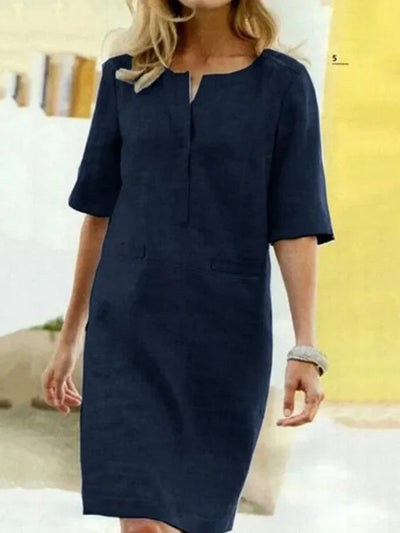 Vestido Linda de Manga Corta en Combinación de Algodón y Lino para Mujer - Comodidad y Estilo juegan a tu Favor