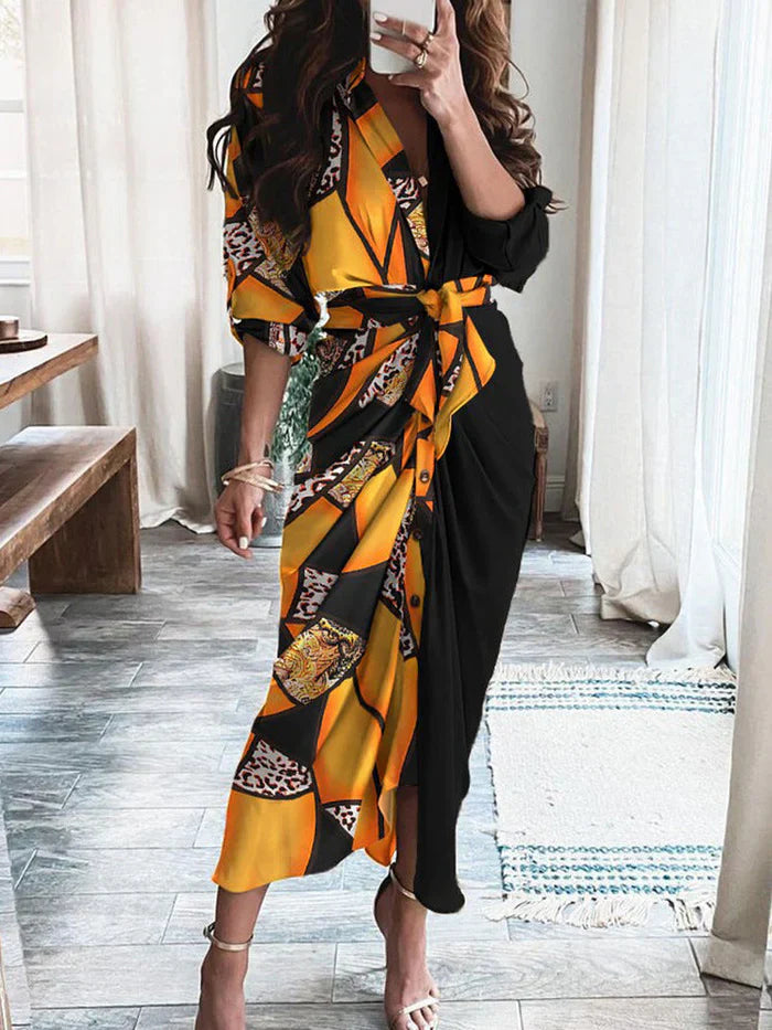 Valentina - Sofisticado Vestido Casual con Cuello en V y Cinturón que Define la Cintura