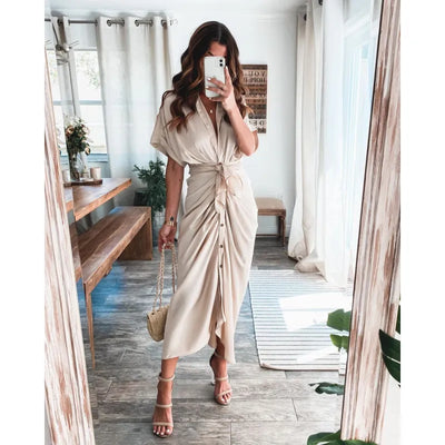 Vestido camisero plisado de satén con estampado y sofisticado detalle de vendaje - Paula