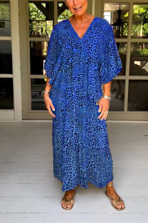 Vestido casual con atractivo cuello en V y encantador estampado vintage de leopardo
