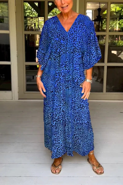 Vestido casual con atractivo cuello en V y encantador estampado vintage de leopardo