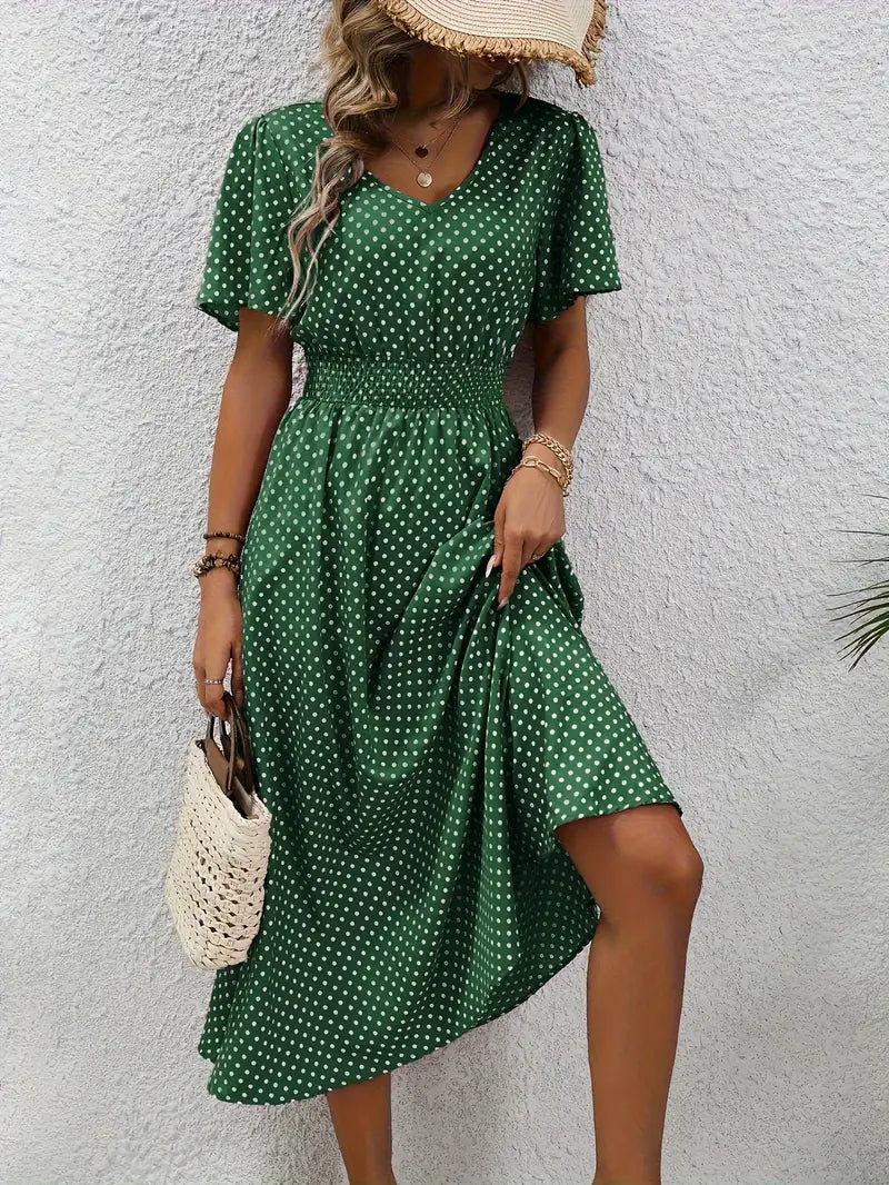 Carolina - vestido casual de manga corta con elegante estampado integral y cintura redondeada