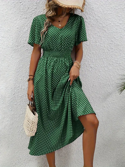 Carolina - vestido casual de manga corta con elegante estampado integral y cintura redondeada