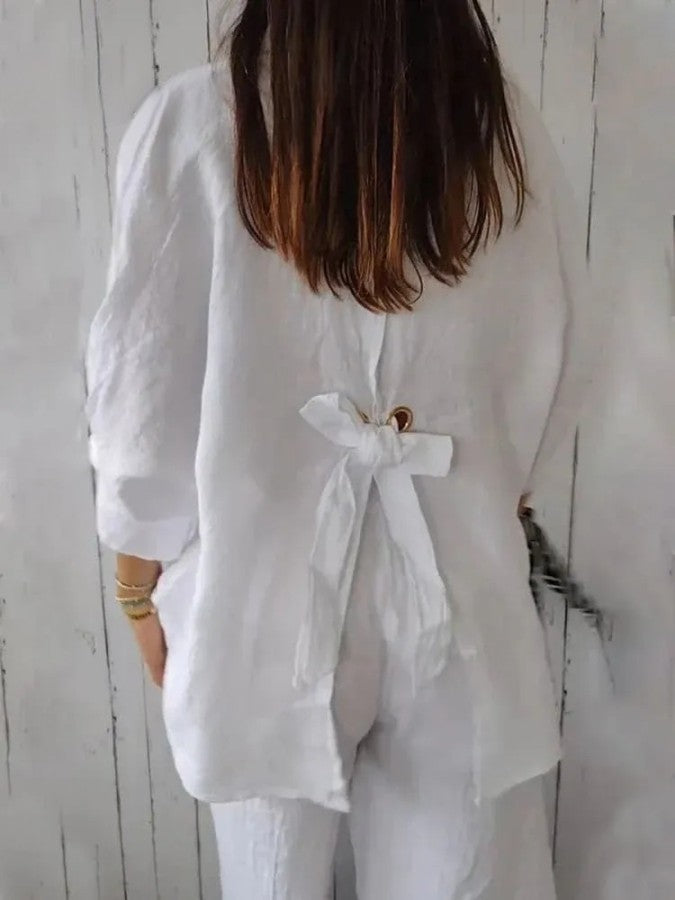 Gabriela - Elegante camisa de algodón y lino con lazo para un look casual femenino