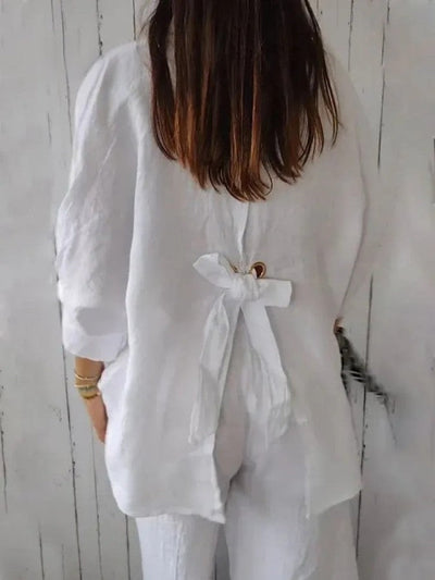 Gabriela - Elegante camisa de algodón y lino con lazo para un look casual femenino