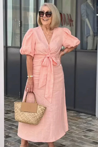 Vestido de algodón Tania con elegante cuello de pico y mangas abullonadas