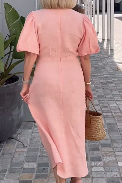Vestido de algodón Tania con elegante cuello de pico y mangas abullonadas