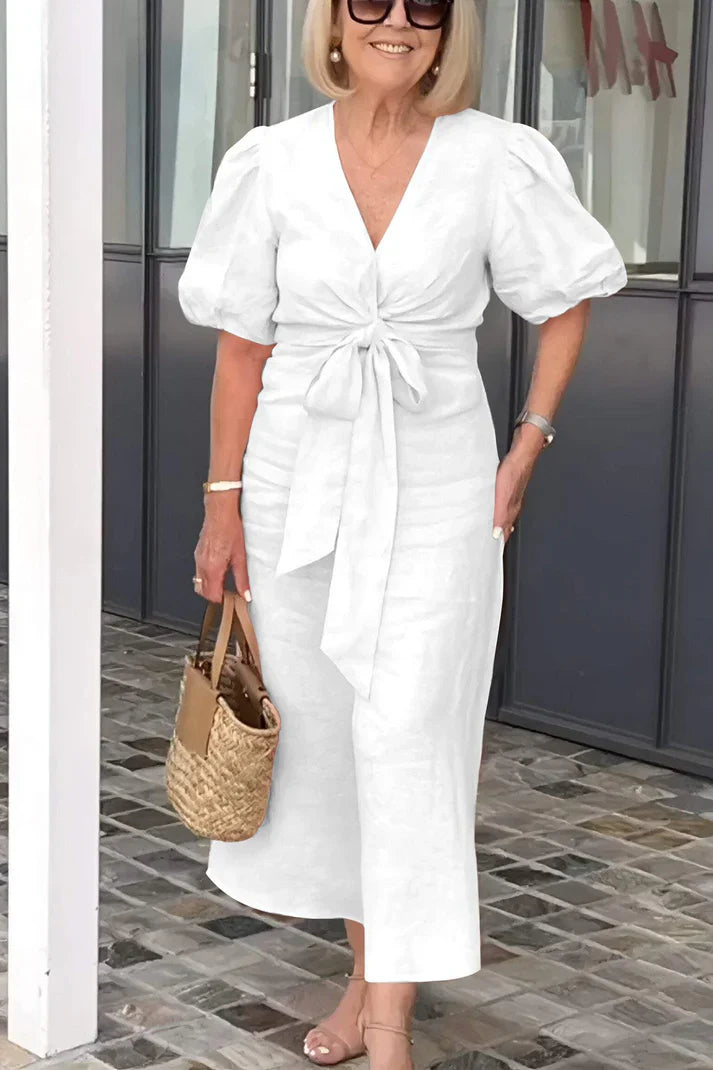 Vestido de algodón Tania con elegante cuello de pico y mangas abullonadas