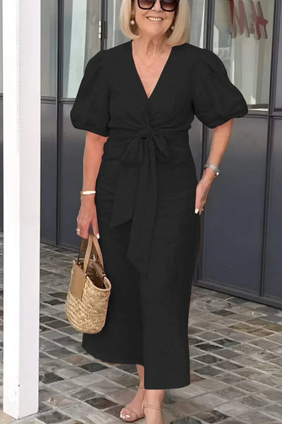 Vestido de algodón Tania con elegante cuello de pico y mangas abullonadas