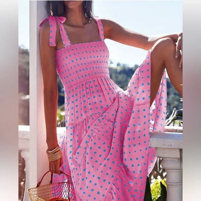 Maxi vestido fruncido con elegante dobladillo de volantes en encantador estampado geométrico rosa