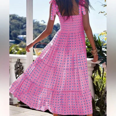 Maxi vestido fruncido con elegante dobladillo de volantes en encantador estampado geométrico rosa