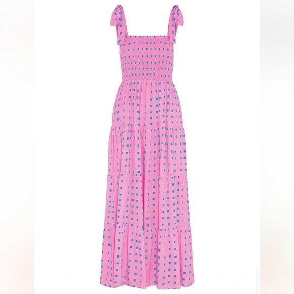 Maxi vestido fruncido con elegante dobladillo de volantes en encantador estampado geométrico rosa