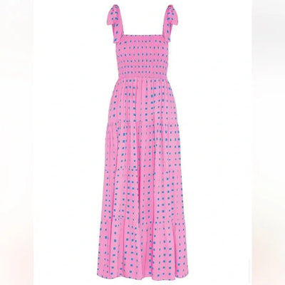 Maxi vestido fruncido con elegante dobladillo de volantes en encantador estampado geométrico rosa