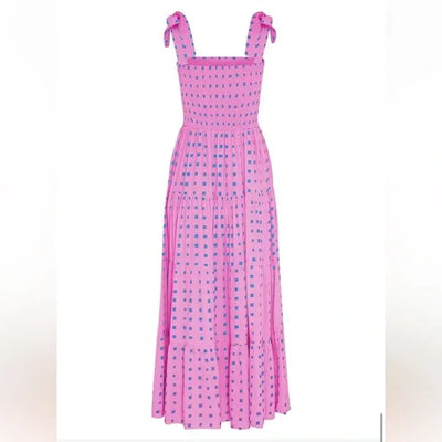 Maxi vestido fruncido con elegante dobladillo de volantes en encantador estampado geométrico rosa