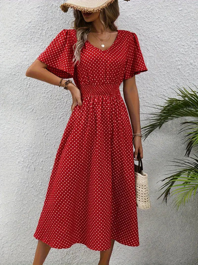 Carolina - vestido casual de manga corta con elegante estampado integral y cintura redondeada