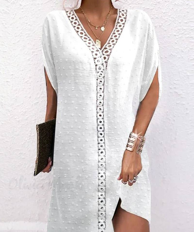 Camila - Elegante vestido de media manga con cuello en V y delicados parches de encaje para mujer – Perfecto para un look casual