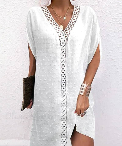Camila - Elegante vestido de media manga con cuello en V y delicados parches de encaje para mujer – Perfecto para un look casual